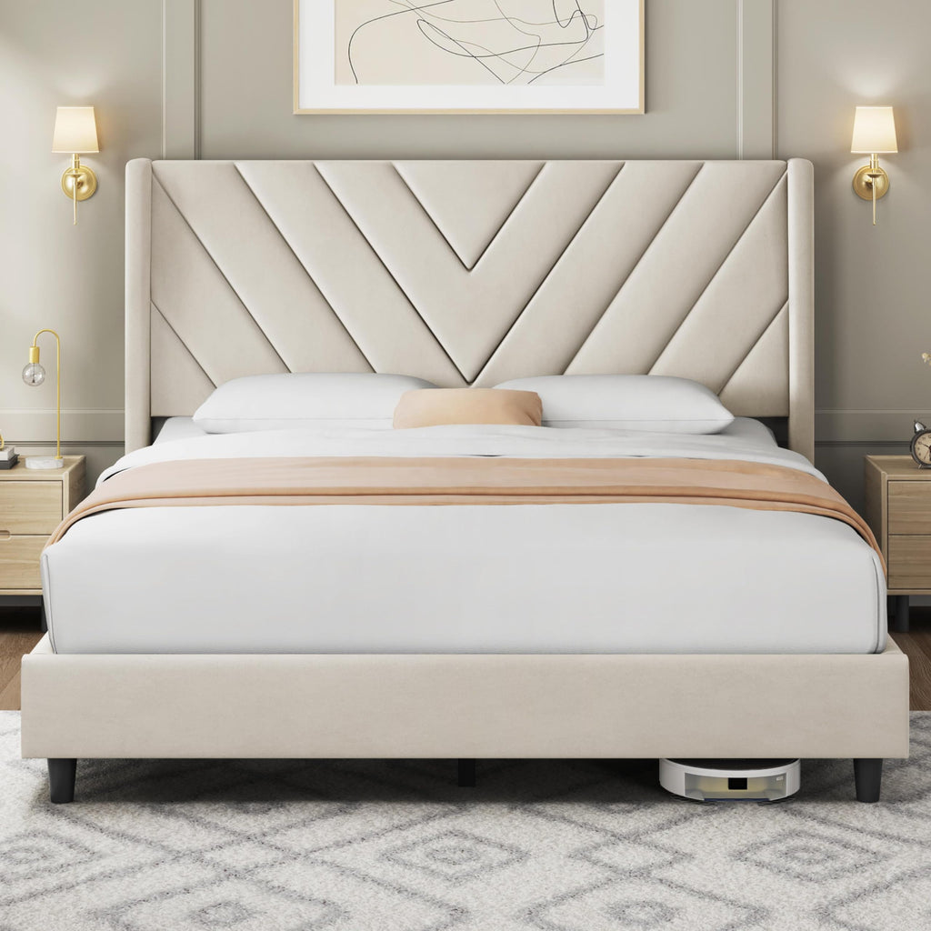 Queen Bed Frame with Tufted Headboard, Beige O428