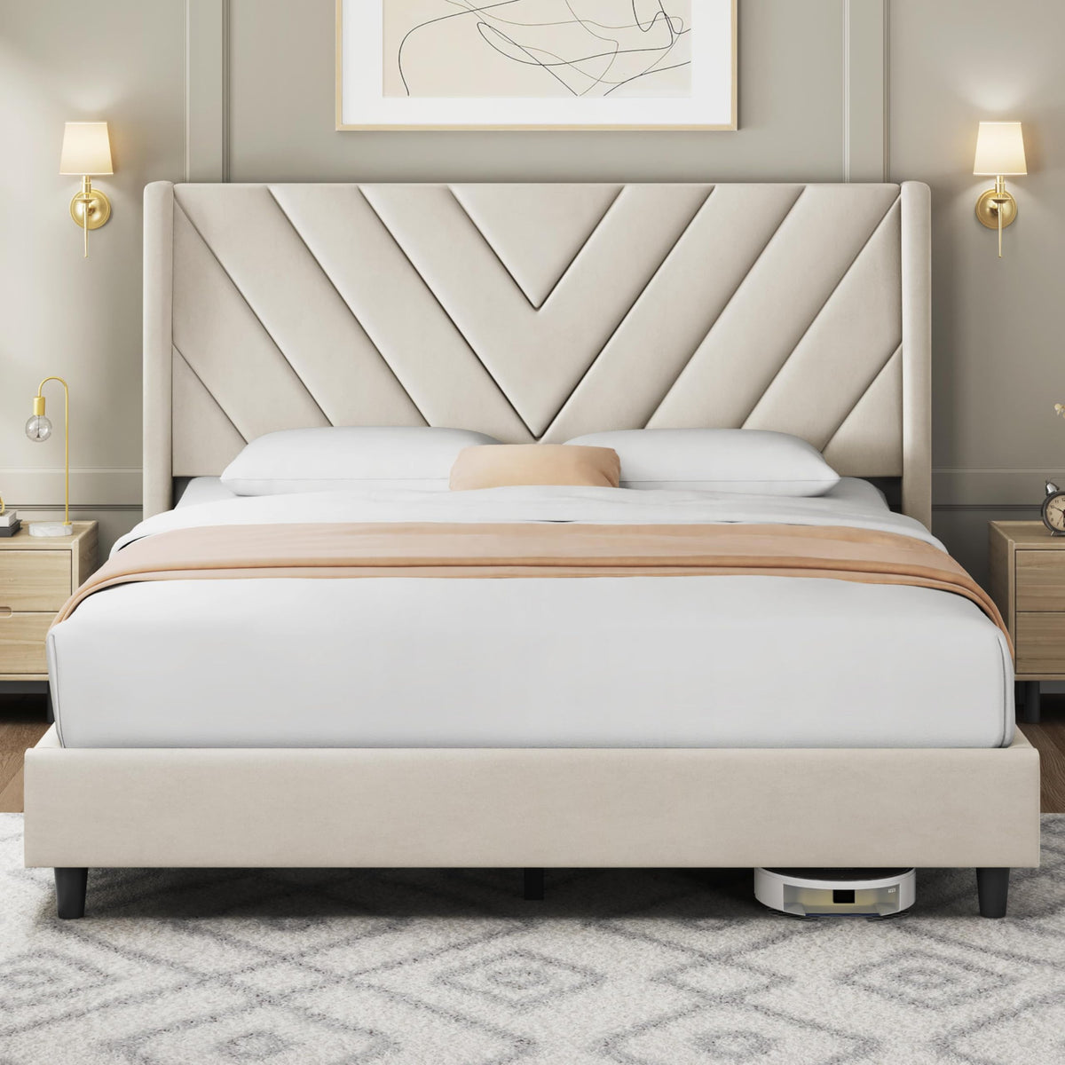 Queen Bed Frame with Tufted Headboard, Beige O428