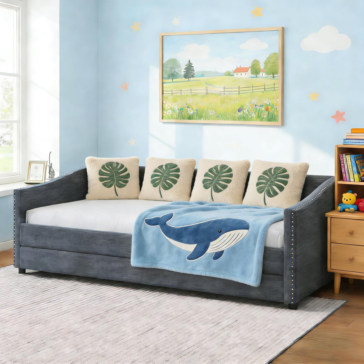 Twin Size Upholstered Daybed Frame with Trundle, Dark Grey Y156