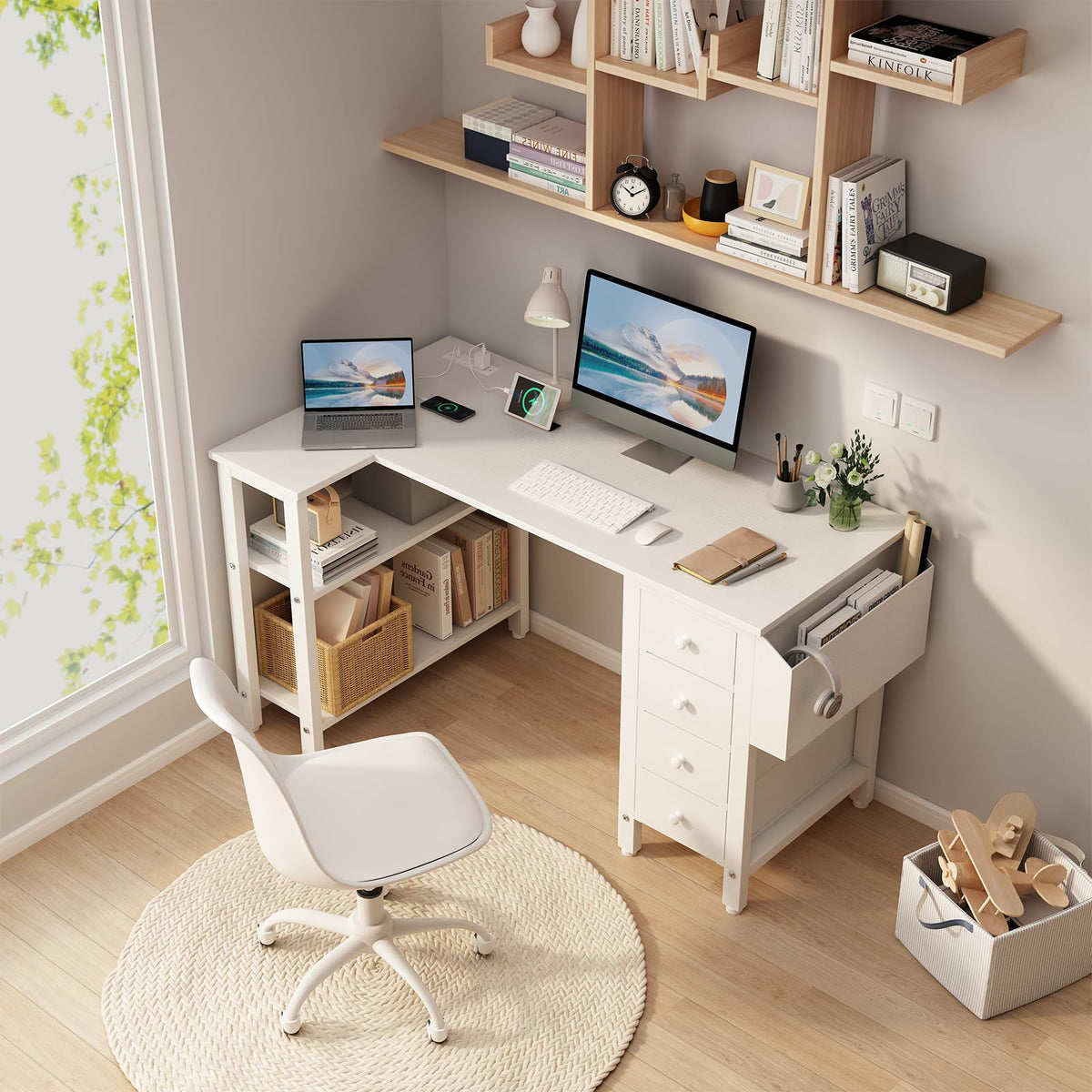 White L Shaped Computer Desk with Drawers and Storage Shelves, 47 Inch Reversible Corner Desk with Power Outlet T8463