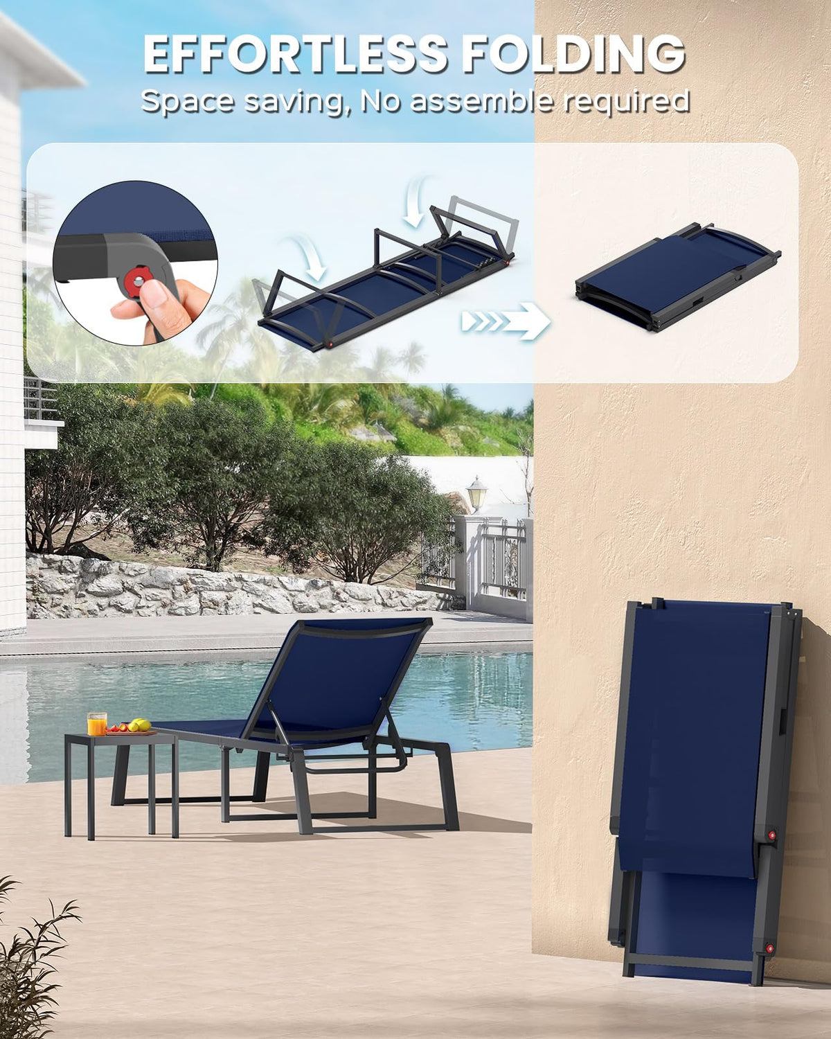 Aluminum Foldable 5-Position Chaise Lounge Chair, Navy Blue, 2 Pack V581168