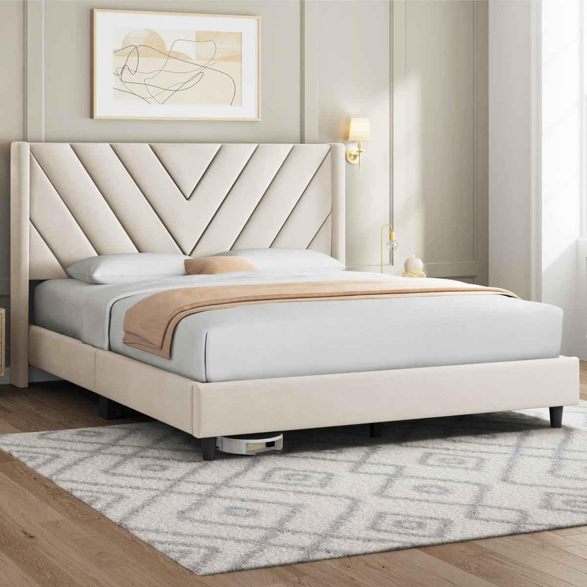Queen Bed Frame with Tufted Headboard, Beige O428