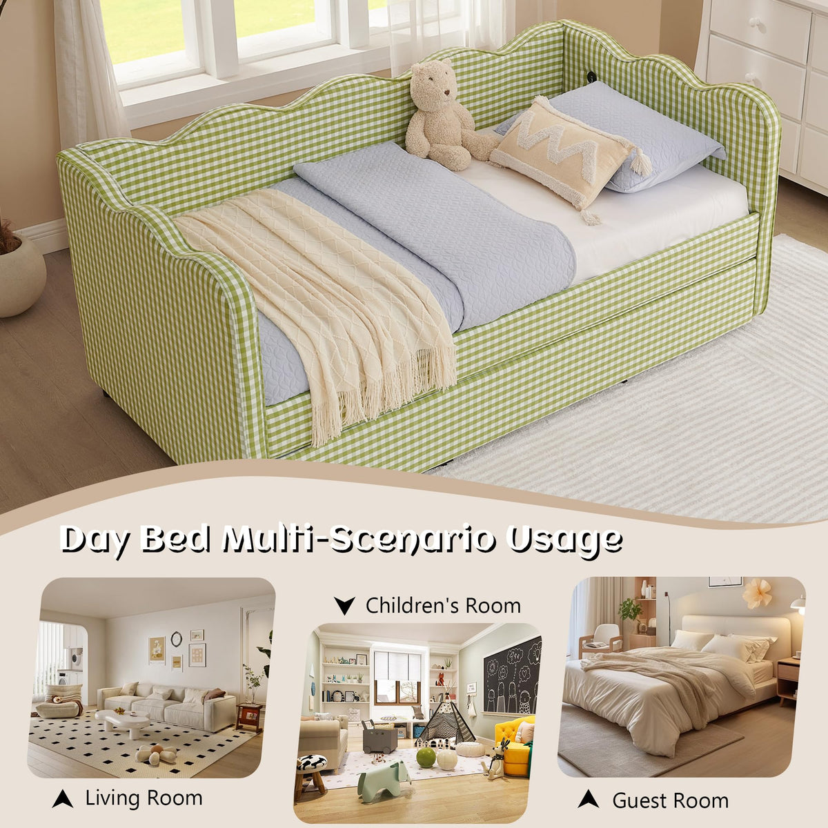 Twin Gingham Upholstered Daybed with Pop Up Trundle Bed B828381