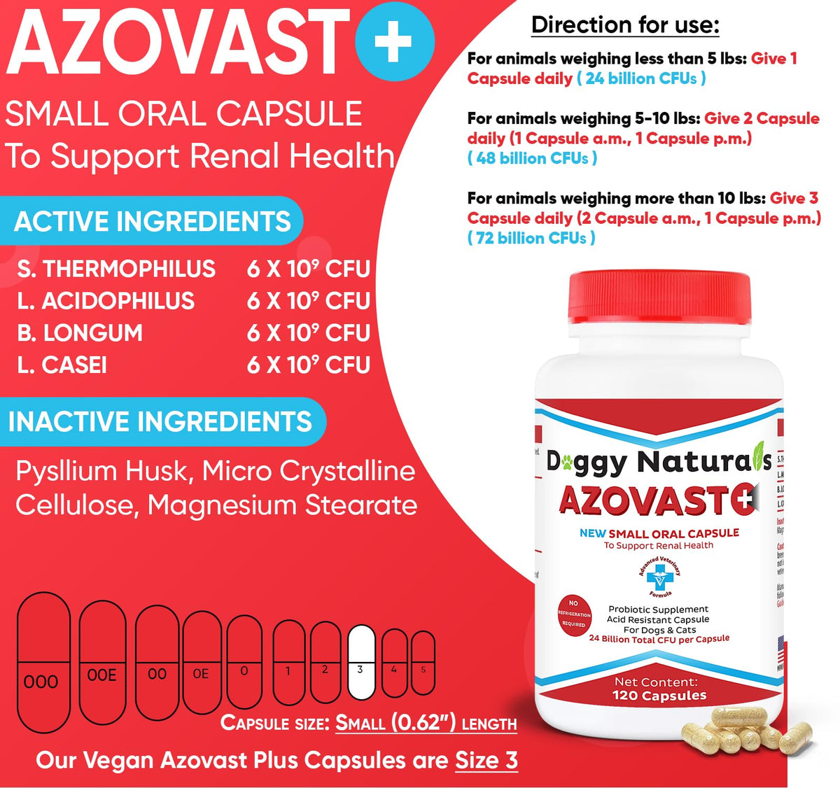 Kidney Probiotic Supplement for Dogs Cats 24 Billion CFU 120 Caps R10708