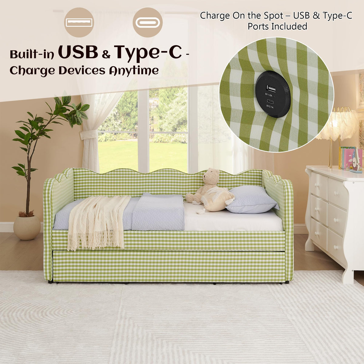 Twin Gingham Upholstered Daybed with Pop Up Trundle Bed B828381