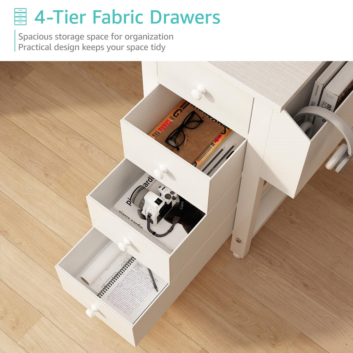 White L Shaped Computer Desk with Drawers and Storage Shelves, 47 Inch Reversible Corner Desk with Power Outlet T8463