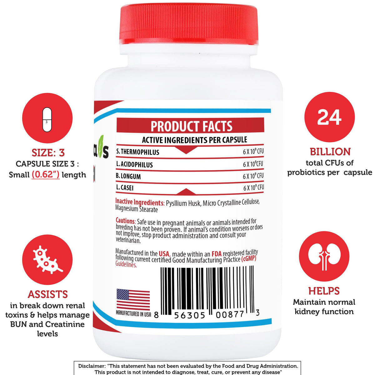Kidney Probiotic Supplement for Dogs Cats 24 Billion CFU 120 Caps R10708
