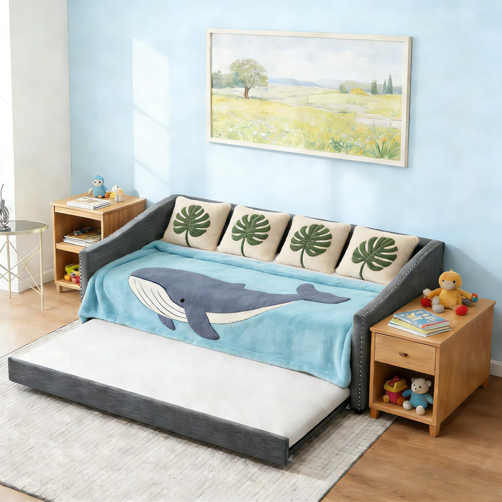 Twin Size Upholstered Daybed Frame with Trundle, Dark Grey Y156