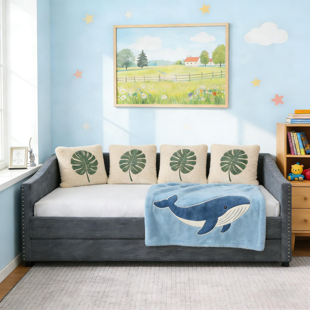 Twin Size Upholstered Daybed Frame with Trundle, Dark Grey Y156