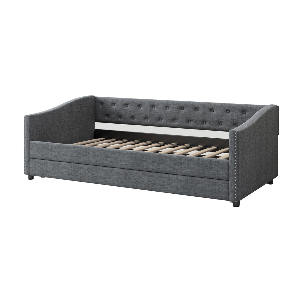 Twin Size Upholstered Daybed Frame with Trundle, Dark Grey Y156