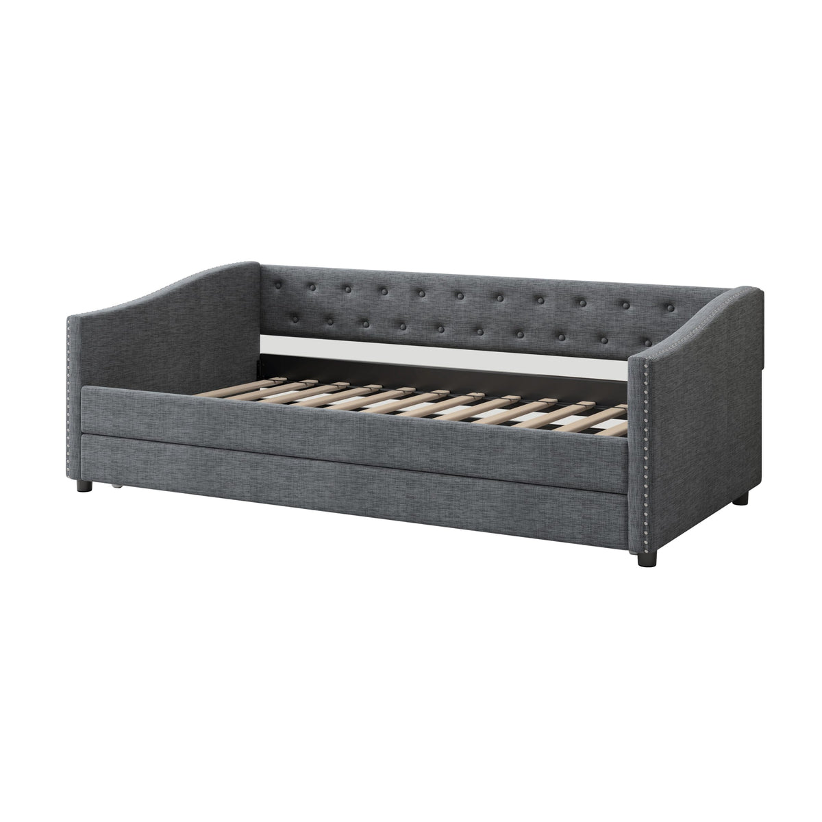 Twin Size Upholstered Daybed Frame with Trundle, Dark Grey Y156