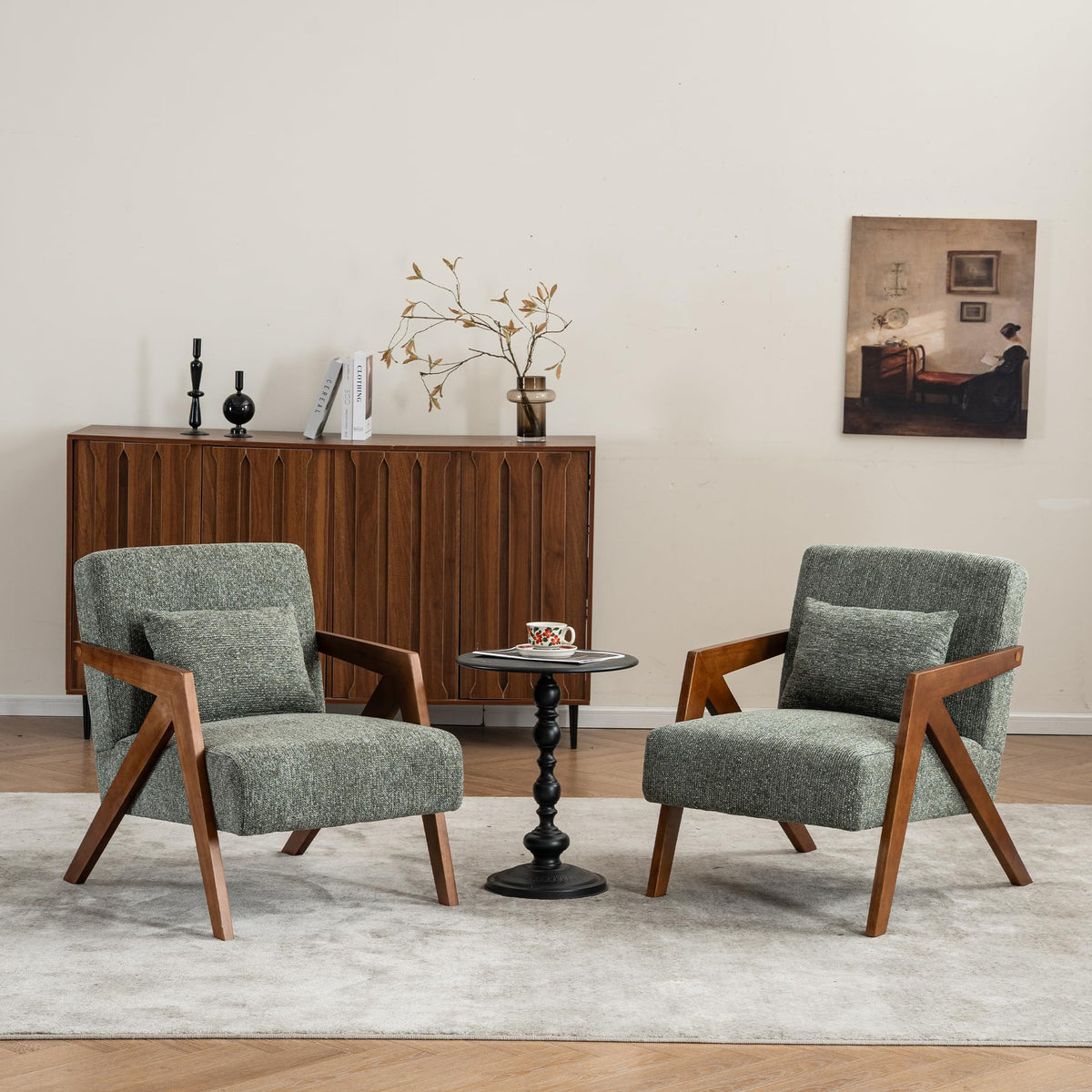Mid-Century Modern Chenille Accent Chair Set of 2 with Wood Frame F71272