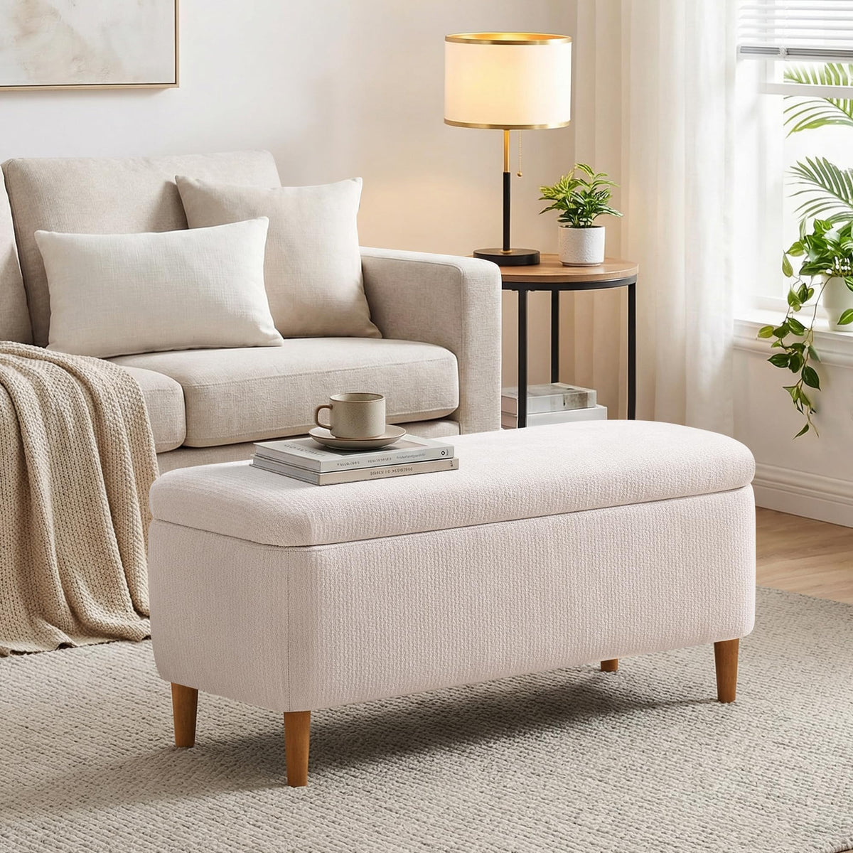 Beige Upholstered Storage Ottoman with Wooden Legs Q848