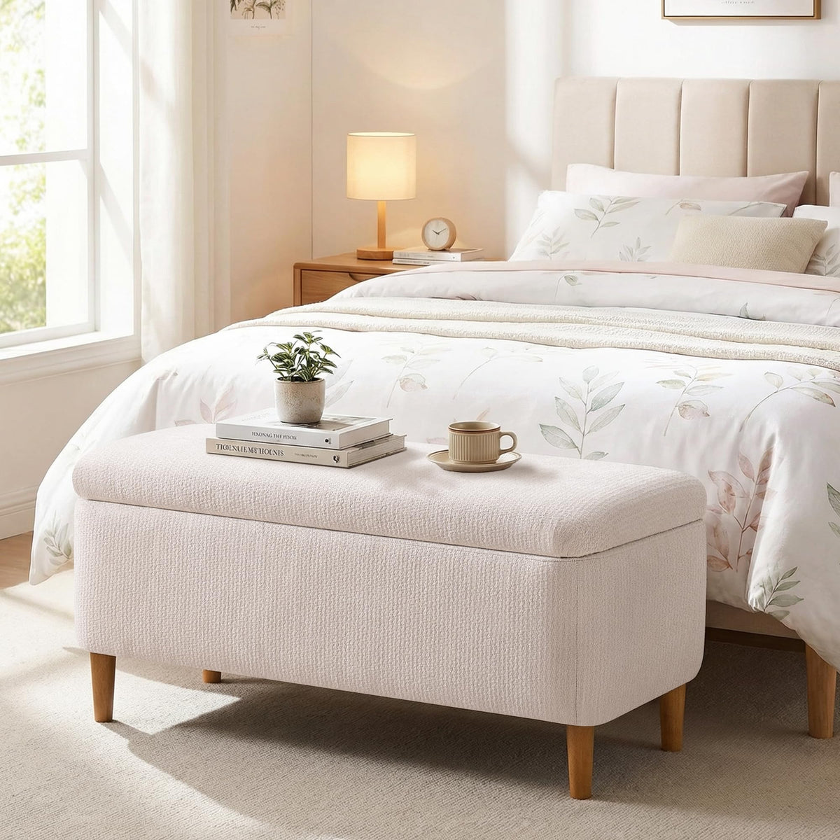 Beige Upholstered Storage Ottoman with Wooden Legs Q848