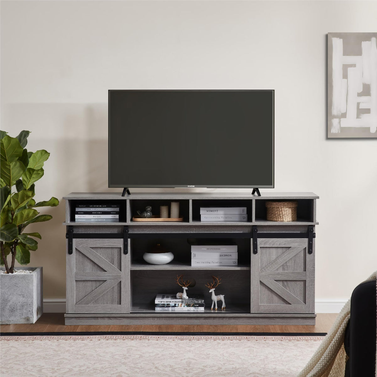 65" Grey TV Stand with Sliding Doors M8926