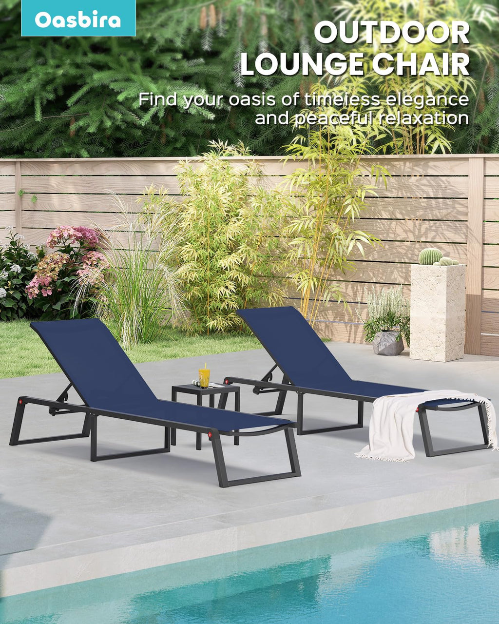 Aluminum Foldable 5-Position Chaise Lounge Chair, Navy Blue, 2 Pack V581168