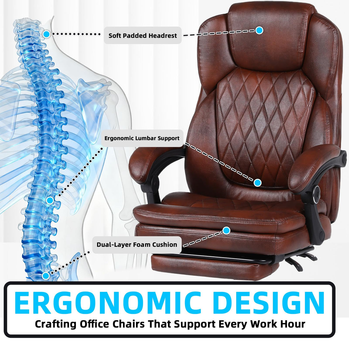 Big and Tall Ergonomic High Back PU Leather Reclining Office Chair with Footrest C927