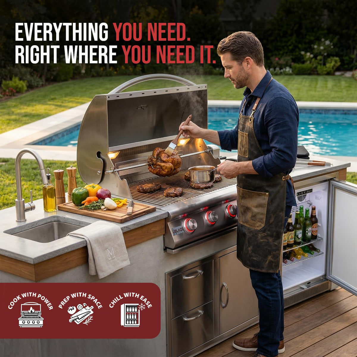 32” Built-in Gas Grill, Double Side Burner, Door & Two Drawers Combo, 20” Refrigerator E46098