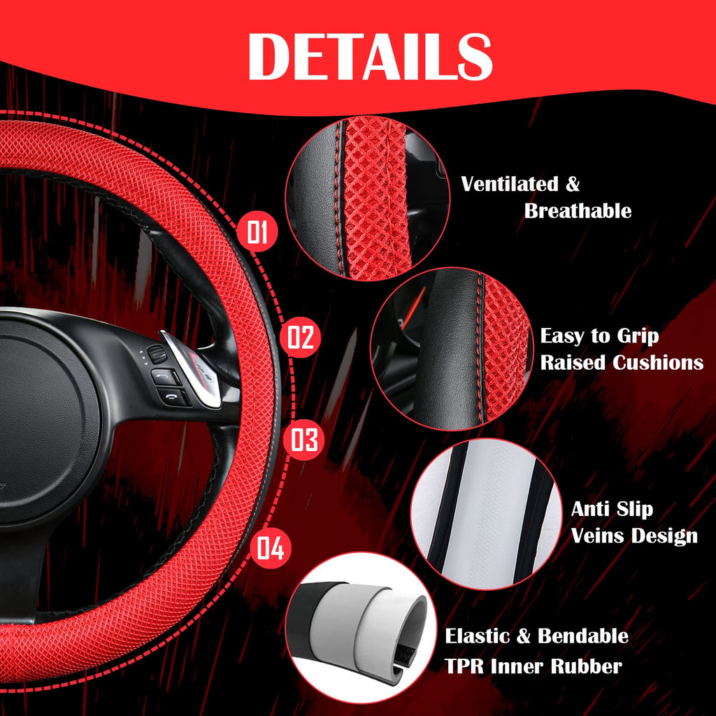3D Air Mesh Car Seat Covers Full Sets with 4Pcs Floor Mats and Steering Wheel Cover Black Red C4344
