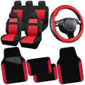 3D Air Mesh Car Seat Covers Full Sets with 4Pcs Floor Mats and Steering Wheel Cover Black Red C4344