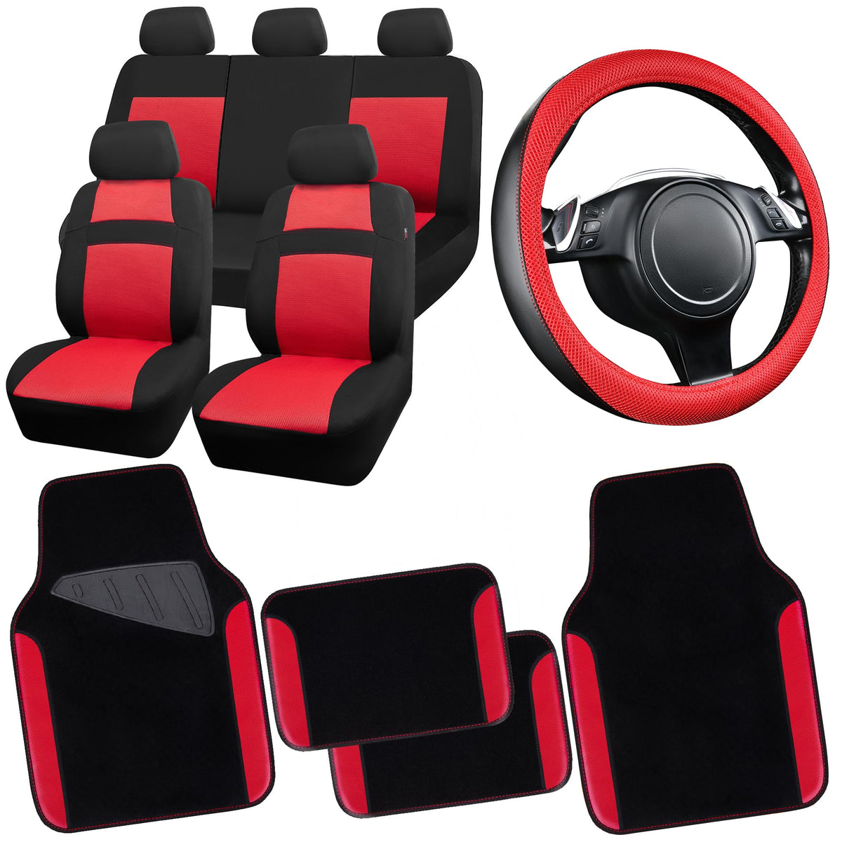 3D Air Mesh Car Seat Covers Full Sets with 4Pcs Floor Mats and Steering Wheel Cover Black Red C4344