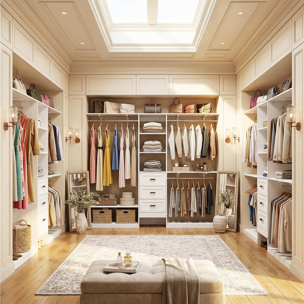 8FT White Wooden Closet System with 3 Drawers and 3 Hanging Rods H84146