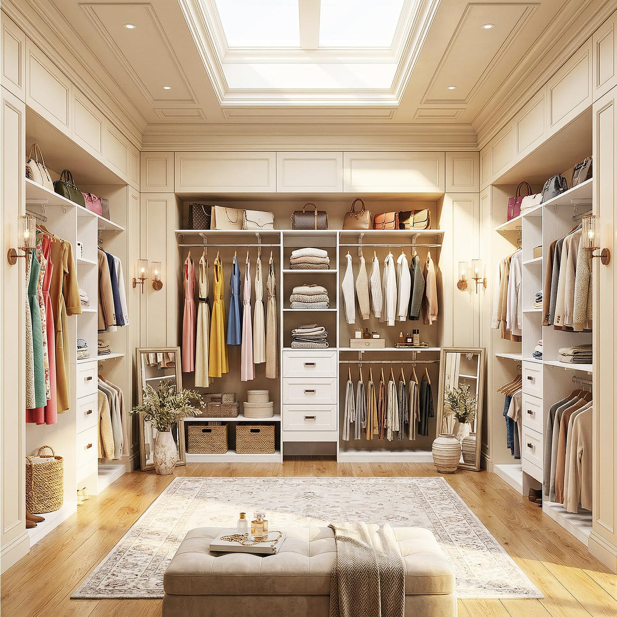 8FT White Wooden Closet System with 3 Drawers and 3 Hanging Rods H84146