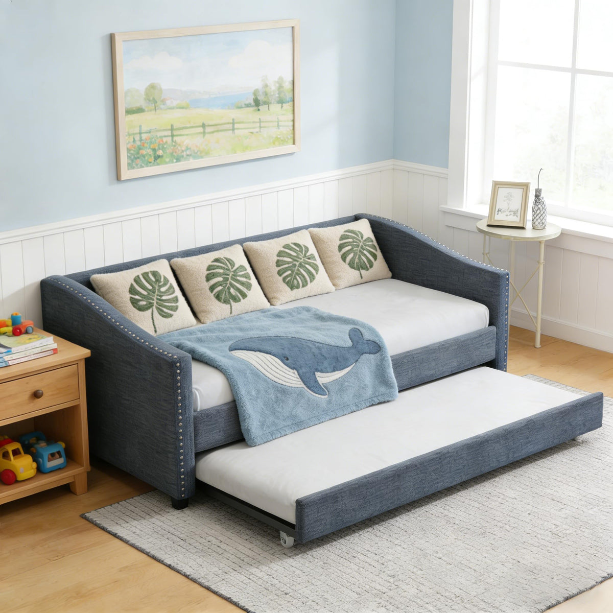 Twin Size Upholstered Daybed Frame with Trundle, Dark Grey Y156