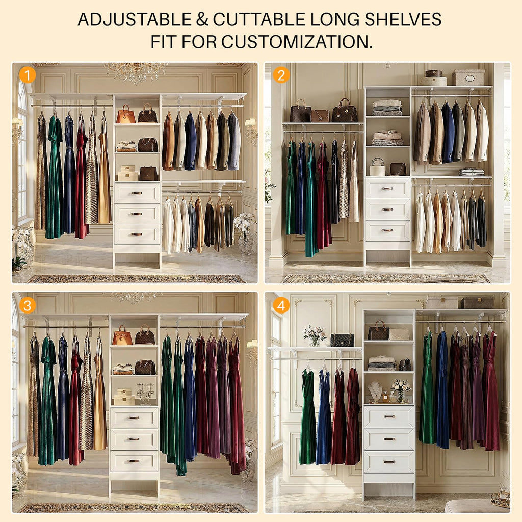 8FT White Wooden Closet System with 3 Drawers and 3 Hanging Rods H84146