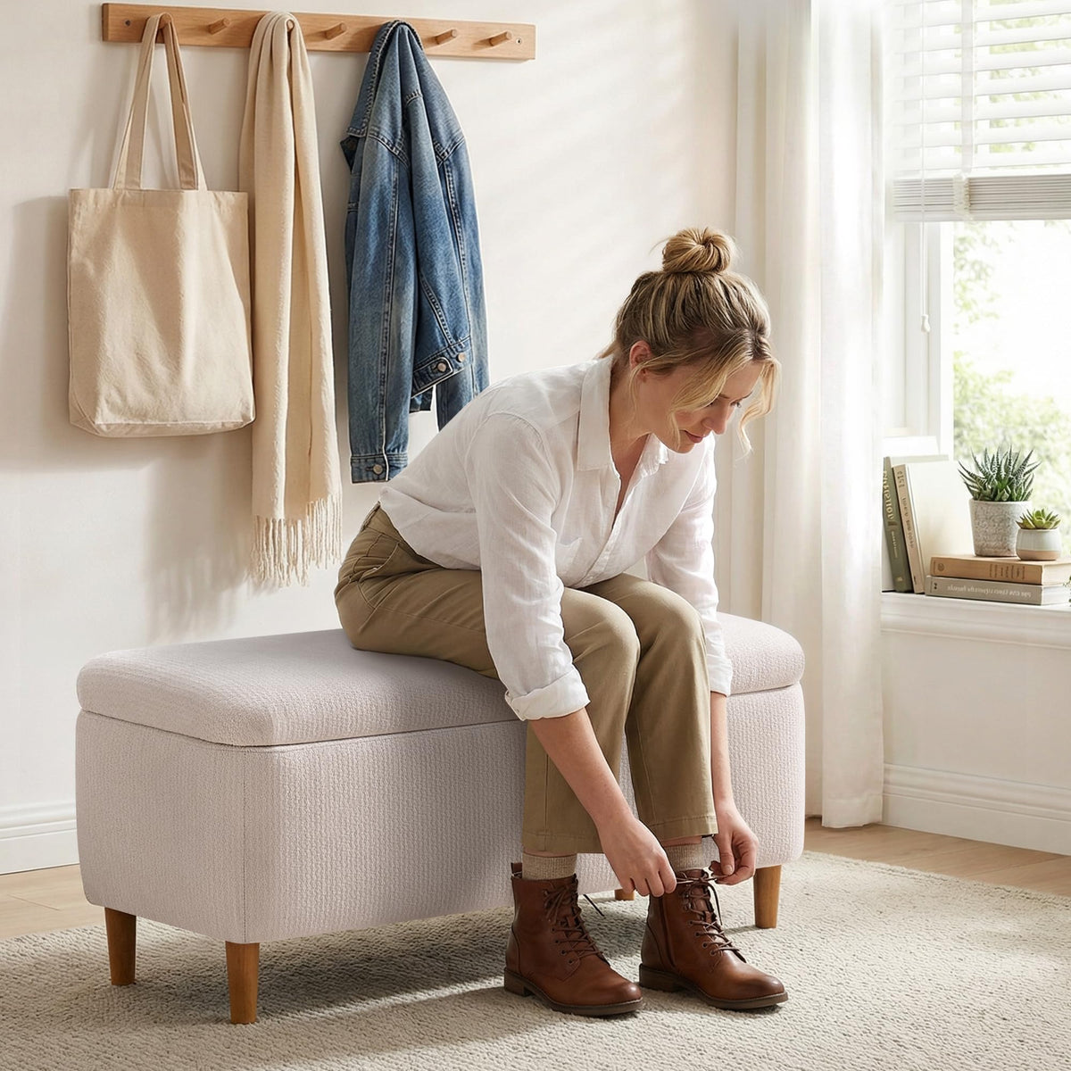 Beige Upholstered Storage Ottoman with Wooden Legs Q848