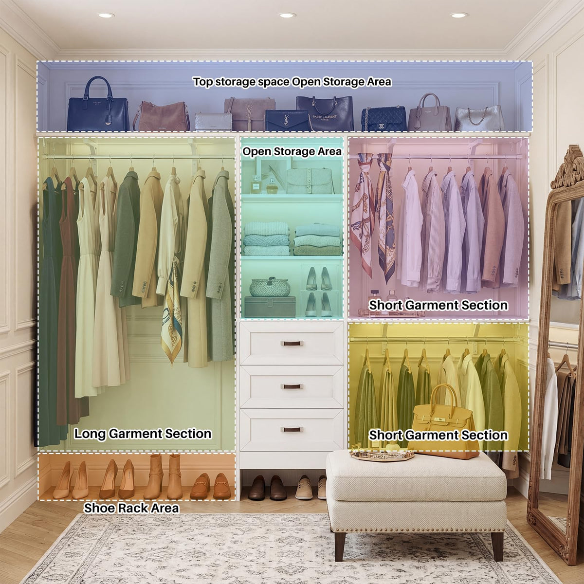 8FT White Wooden Closet System with 3 Drawers and 3 Hanging Rods H84146