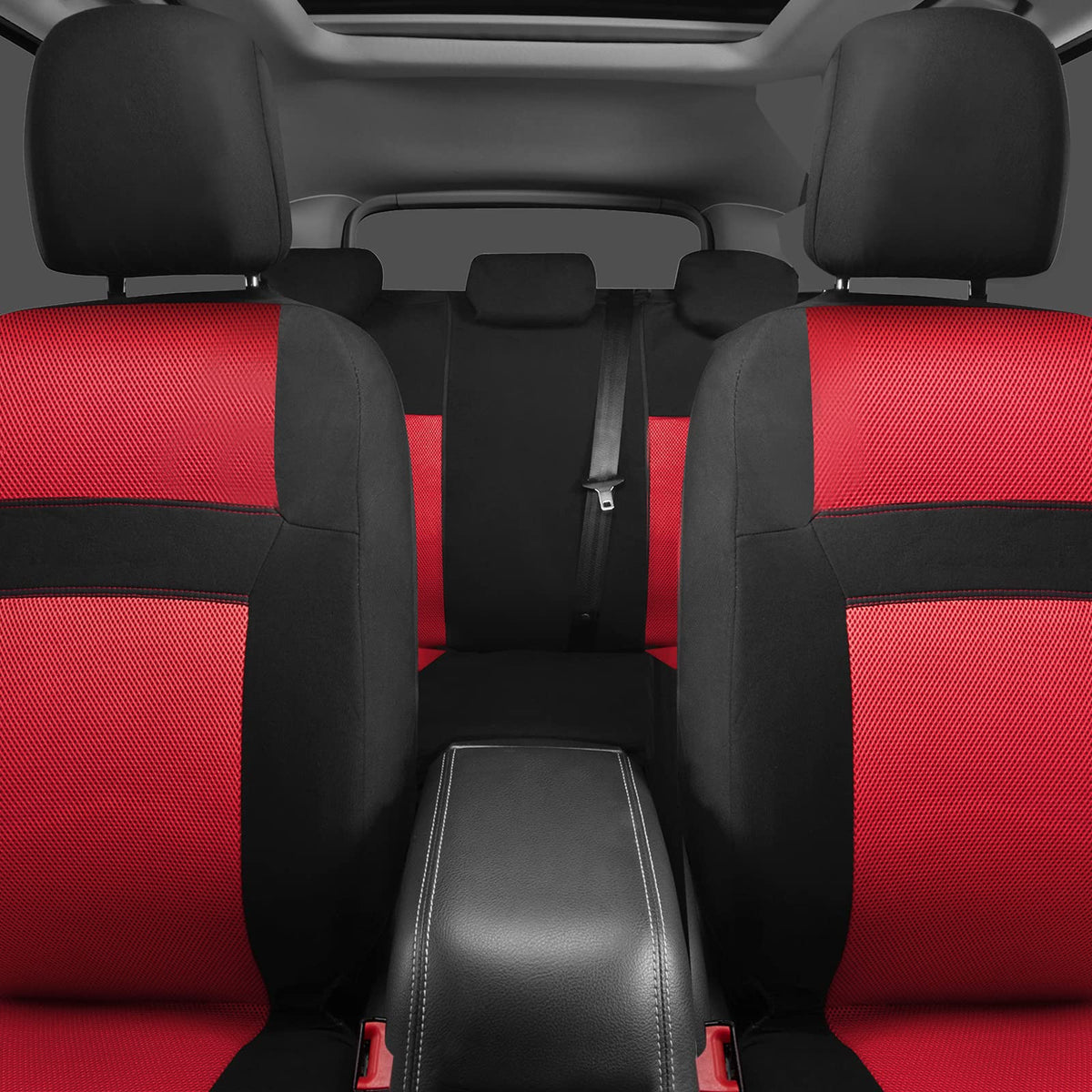 3D Air Mesh Car Seat Covers Full Sets with 4Pcs Floor Mats and Steering Wheel Cover Black Red C4344