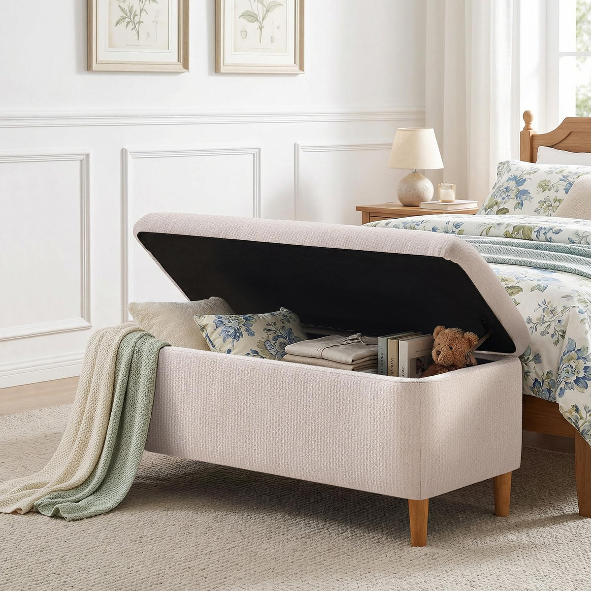 Beige Upholstered Storage Ottoman with Wooden Legs Q848
