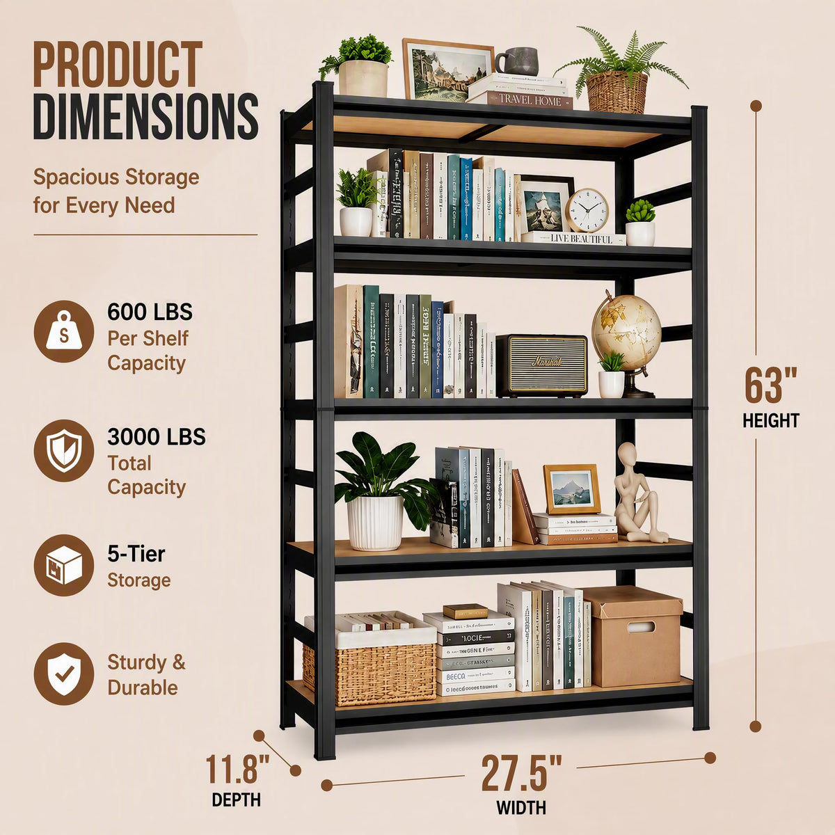Heavy Duty Wood 5 Tier Bookshelf A3982