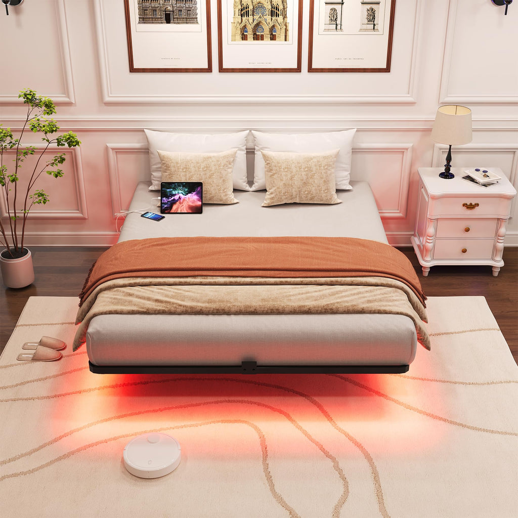Queen Metal Platform Bed Frame with LED Lights and Charging Station F27987