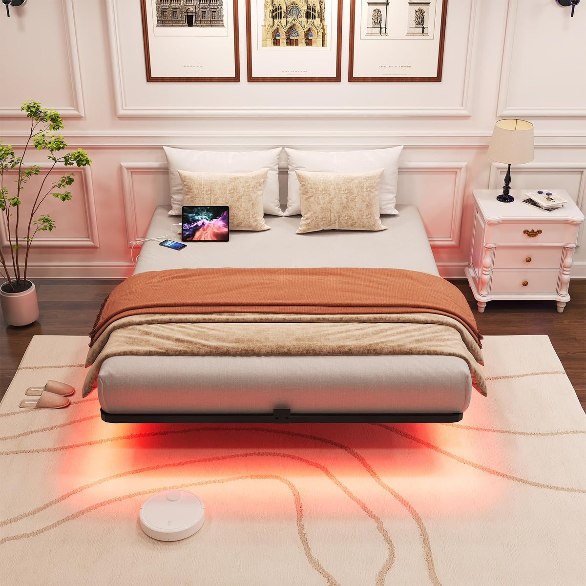 Queen Metal Platform Bed Frame with LED Lights and Charging Station F27987