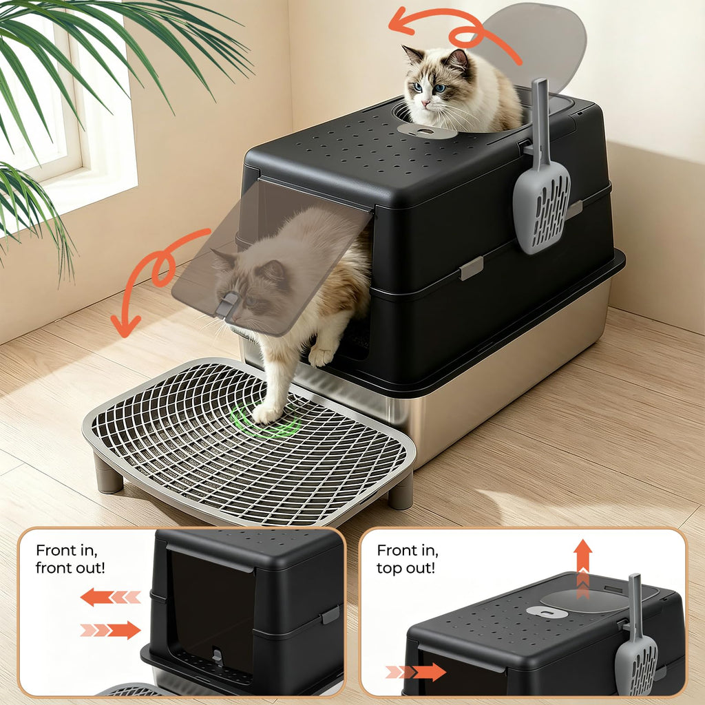 Extra Large Stainless Steel Enclosed Cat Litter Box with Lid and Scoop R98001