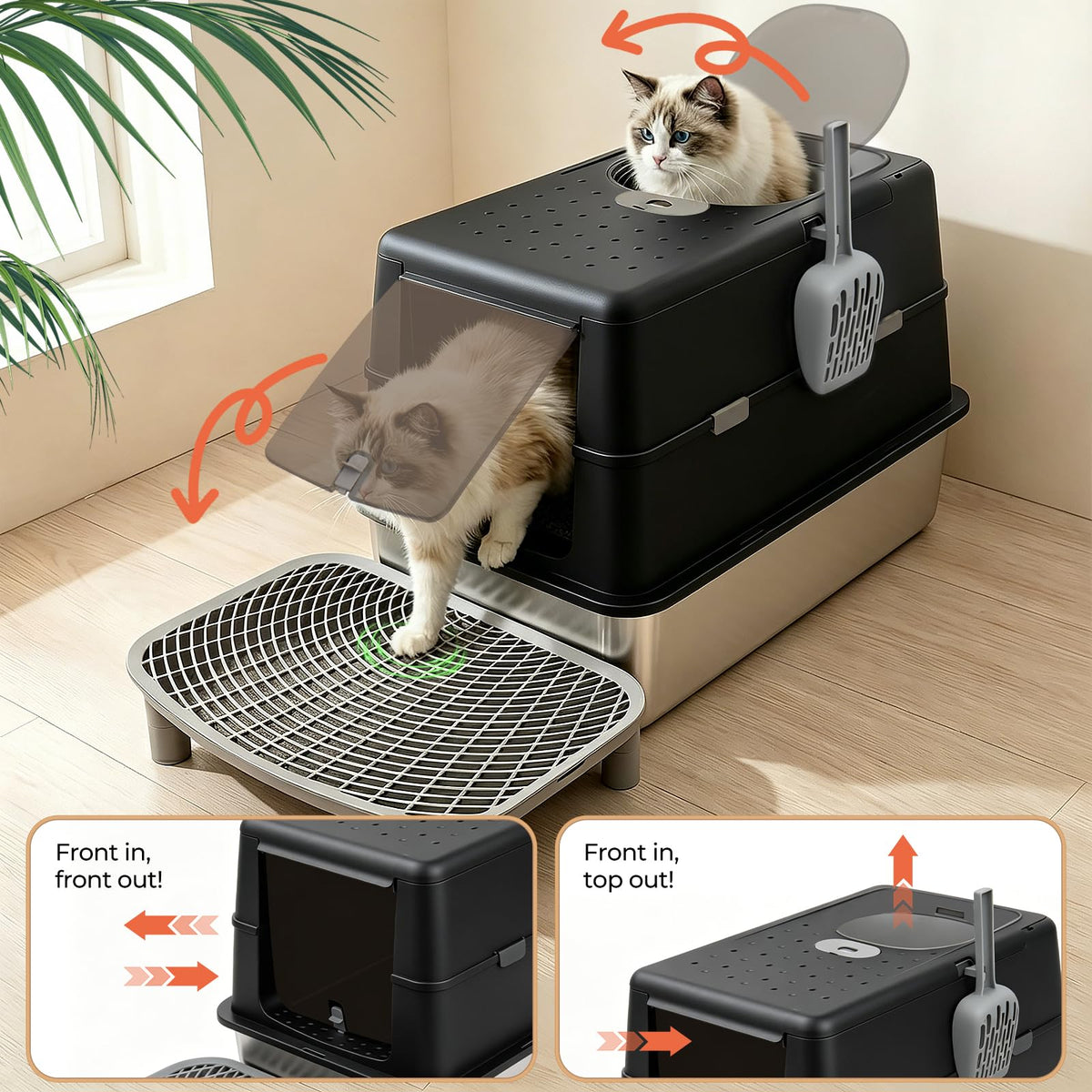 Extra Large Stainless Steel Enclosed Cat Litter Box with Lid and Scoop R98001