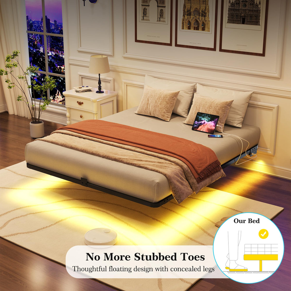 Queen Metal Platform Bed Frame with LED Lights and Charging Station F27987