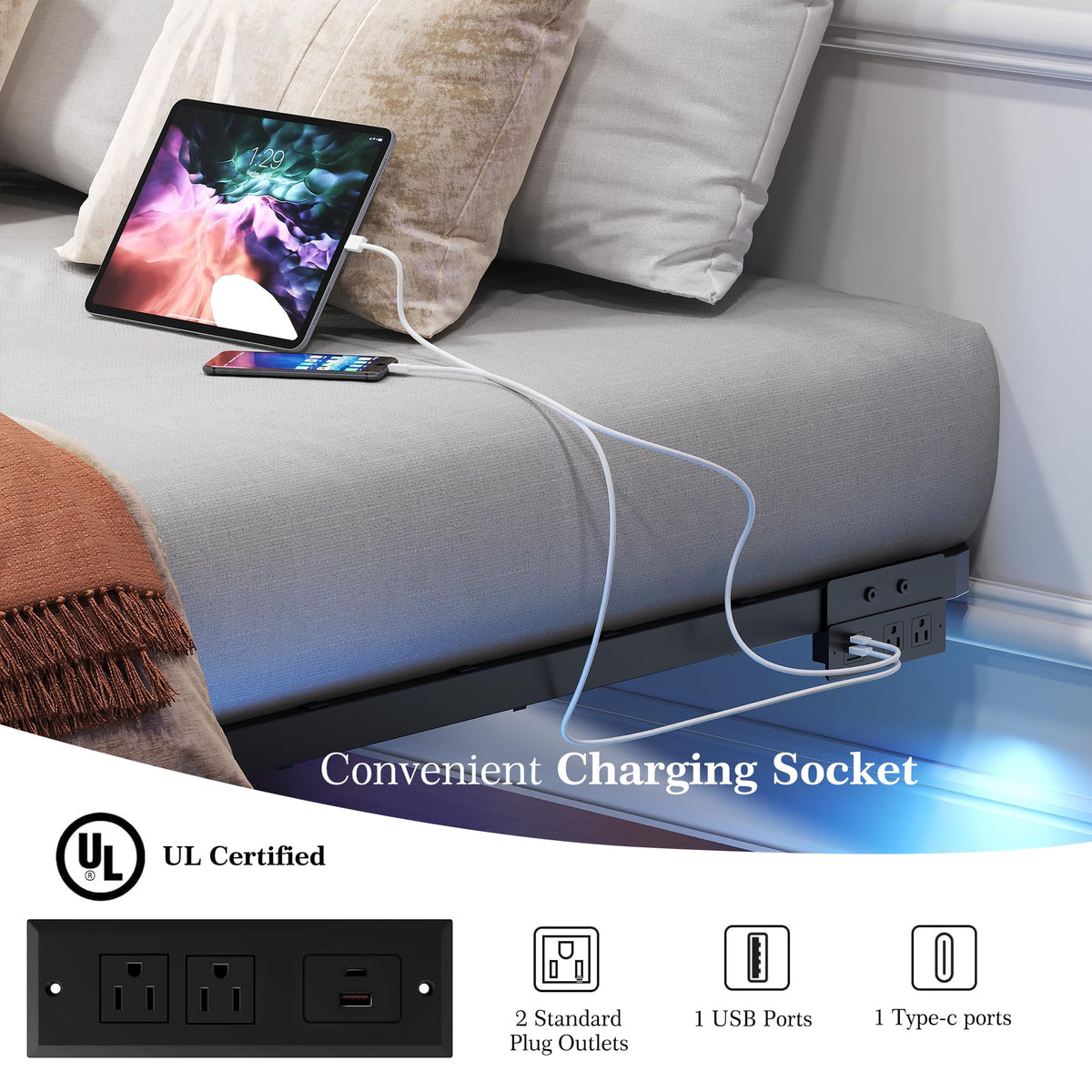 Queen Metal Platform Bed Frame with LED Lights and Charging Station F27987