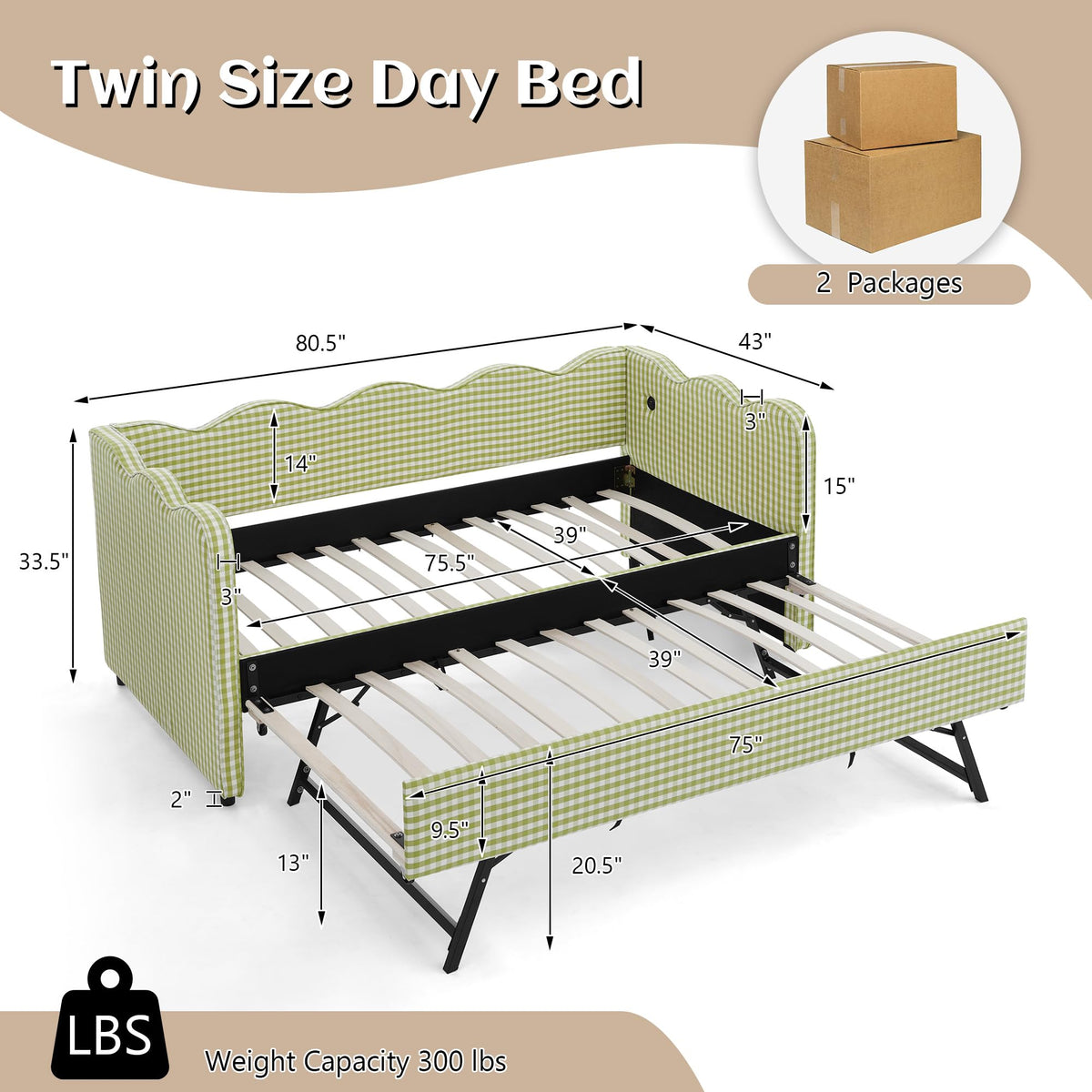 Twin Gingham Upholstered Daybed with Pop Up Trundle Bed B828381