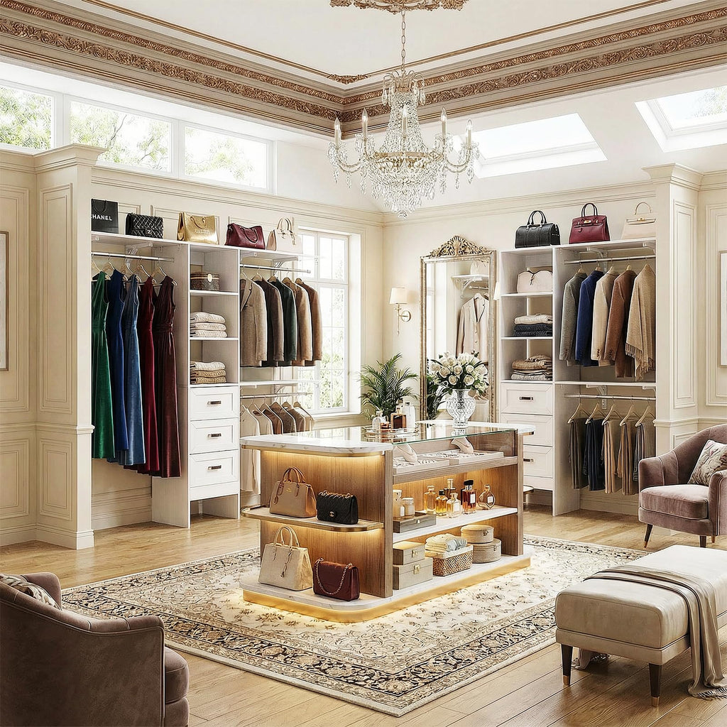 8FT White Wooden Closet System with 3 Drawers and 3 Hanging Rods H84146