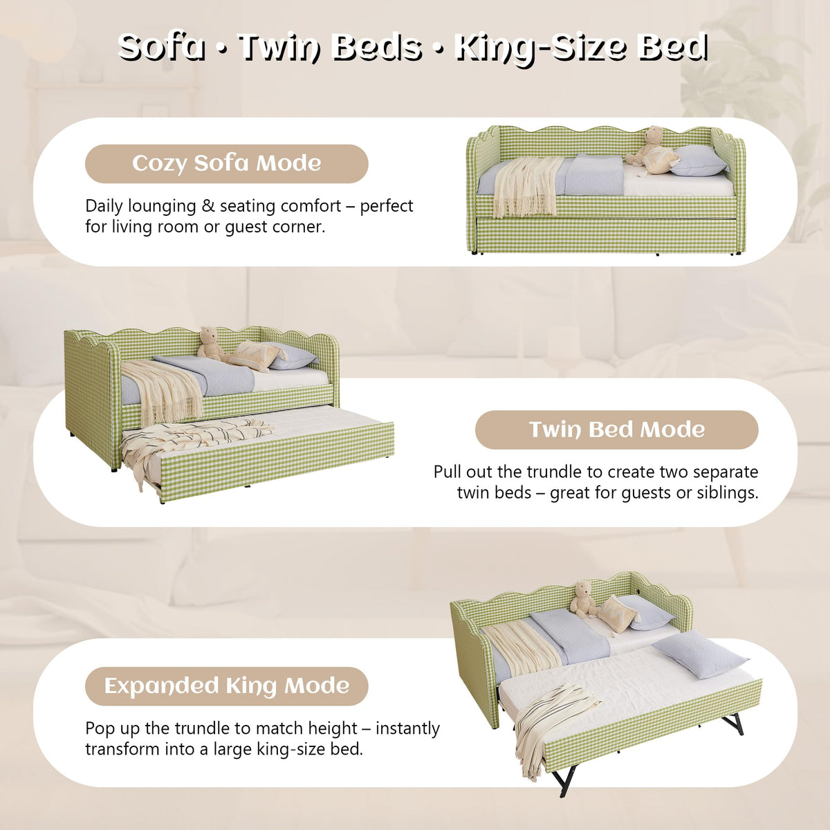 Twin Gingham Upholstered Daybed with Pop Up Trundle Bed B828381