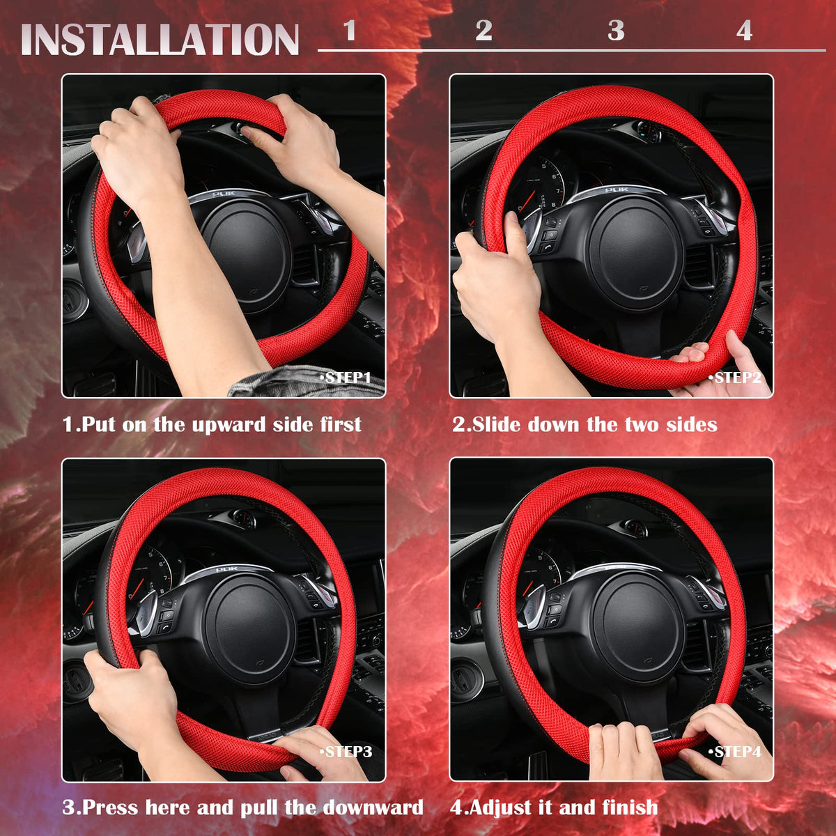 3D Air Mesh Car Seat Covers Full Sets with 4Pcs Floor Mats and Steering Wheel Cover Black Red C4344