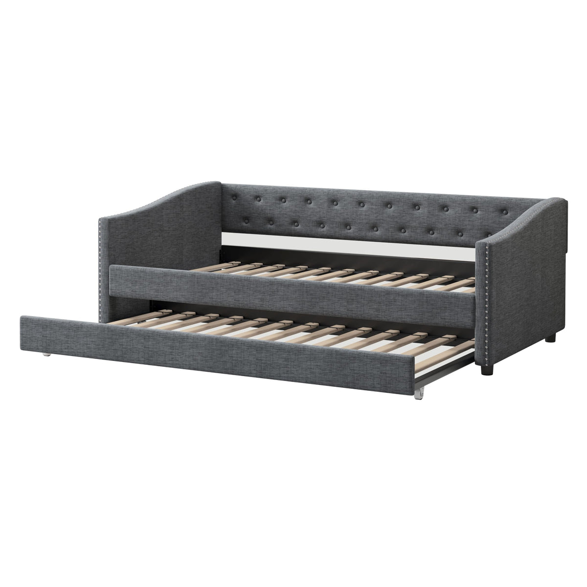 Twin Size Upholstered Daybed Frame with Trundle, Dark Grey Y156