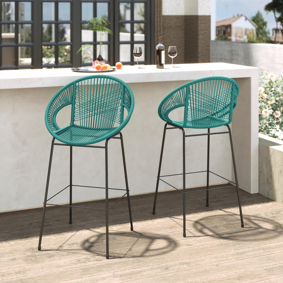 Teal Faux Wicker Outdoor Bar Stool, Set of 2 T654563