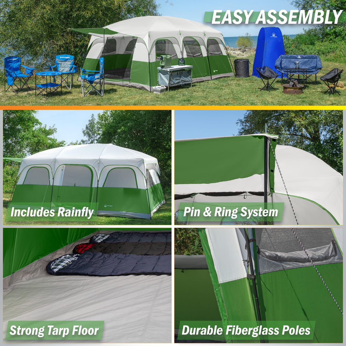 10-12 Person Camping Tent with Room Divider and Carry Bag L55962