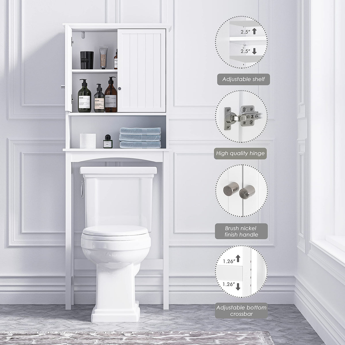 Over the Toilet Storage Cabinet with Doors, Adjustable Shelf, White Q7098