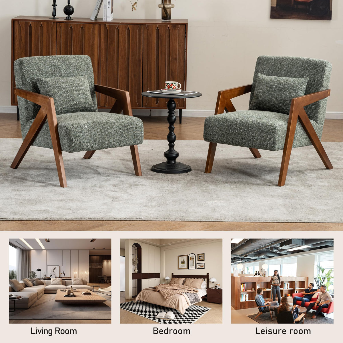 Mid-Century Modern Chenille Accent Chair Set of 2 with Wood Frame F71272