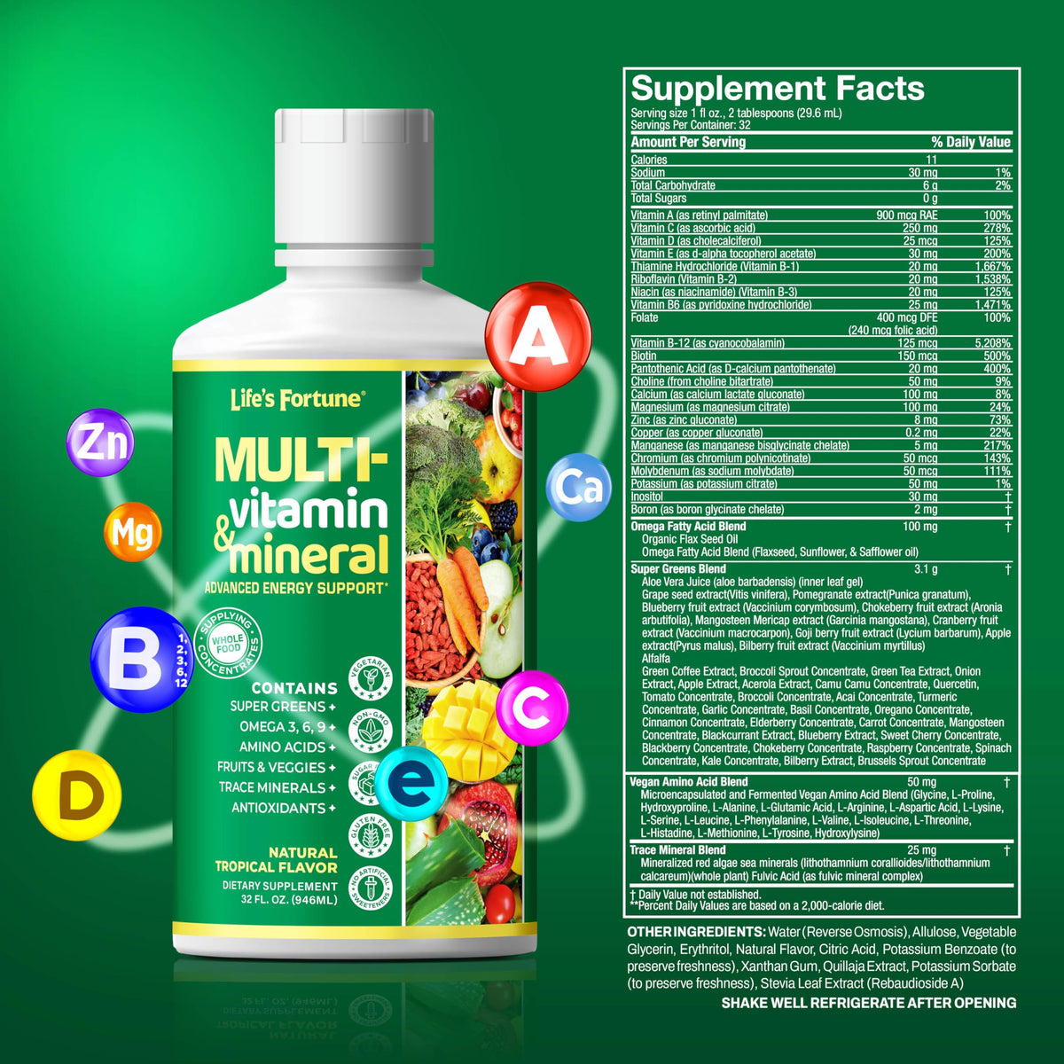 Liquid Multivitamin 90+ Nutrients Sugar Free Tropical Flavor 32 oz F36644